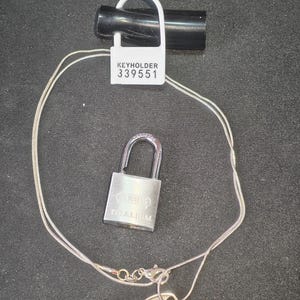 May include: A silver-coloured metal padlock with the text ABUS and TITALIUM engraved on the front, accompanied by a matching metal key on a thin silver chain. A white plastic tag labelled KEYHOLDER 339551 is attached to a black plastic component.