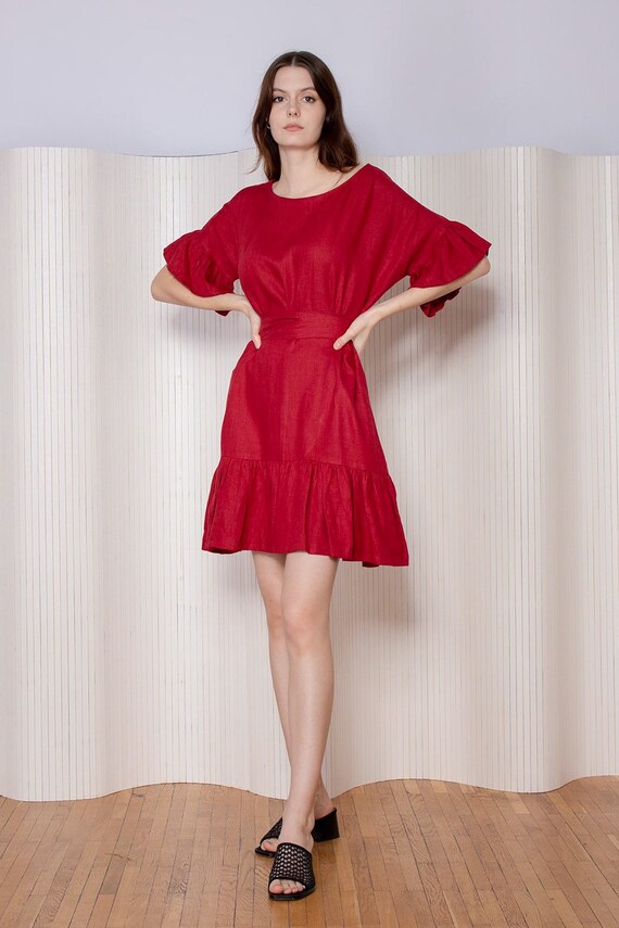 Red Linen Ruffle Dress: Helene Mini Dress, Feminine Silhouette - Etsy