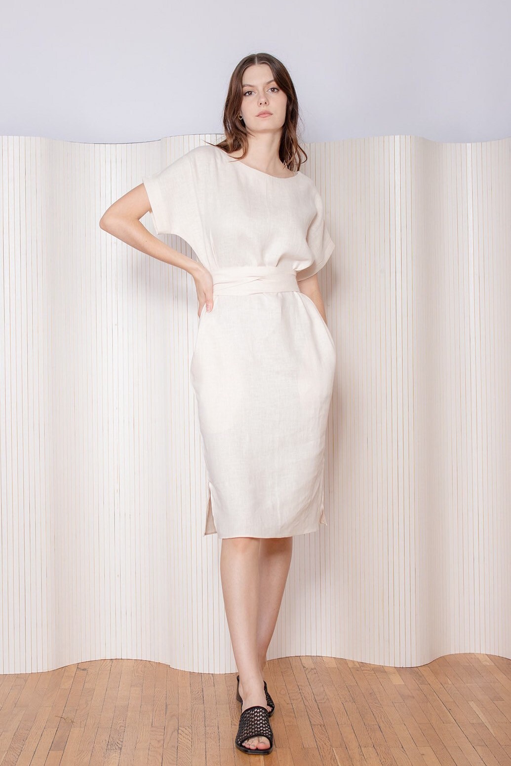 cream linen shift dress Shop Cream Linen Look Corsage Halterneck Shift Dress Online in Oman