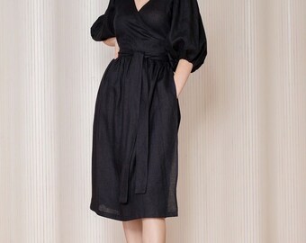 Aphrodite Linen Wrap Dress | Midi Black Dress with Puff Sleeves