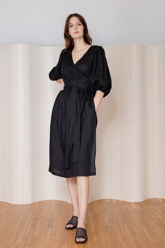 Aphrodite Linen Wrap Dress | Midi Black Dress with Puff Sleeves