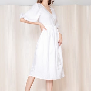 Aphrodite Linen Wrap Dress | 100% linen | White color | US Size 6 | UK 10 | Eur 38 | Int M | Puff Sleeve | Feminine | Free Shipping