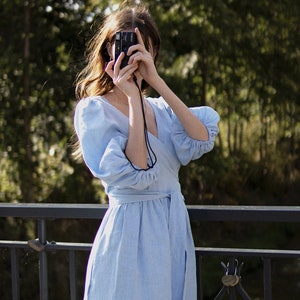 Aphrodite Linen Wrap Dress | 100% linen | Light Blue color | US Size 6 | UK 10 | Eur 38 | Int M | Puff Sleeve | Feminine | Free Shipping