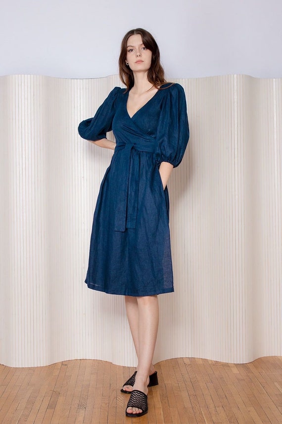 Aphrodite Linen Wrap Dress | Navy Blue Midi with Puff Sleeves