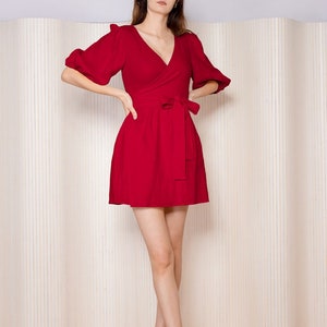 Aphrodite mini Linen Wrap Dress | 100% linen | Red color | US Size 6 | UK 10 | Eur 38 | Int M | Puff Sleeve | Feminine | Free Shipping