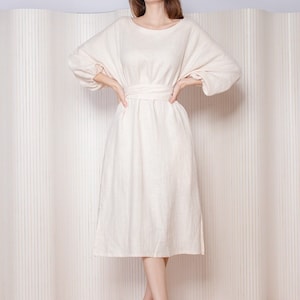 Penelope midi Linen Dress | 100% linen | Cream color | US Size 6 | UK 10 | Eur 38 | Int M | Balloon Sleeve | Feminine | Free Shipping