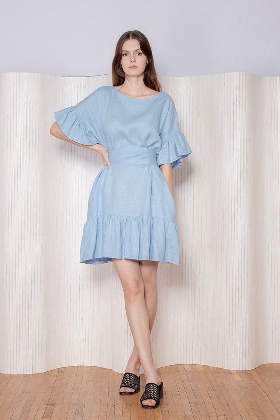 Helene Linen Ruffle Dress: Light Blue Mini Dress