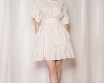Linen Ruffle Dress: Cream Mini Dress, Feminine A-Line