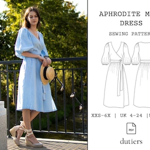 Aphrodite Midi Dress Wrap Dress Digital Sewing Pattern US Size 0-20 Puff Sleeve Instant Download PDF With Instructions image 2