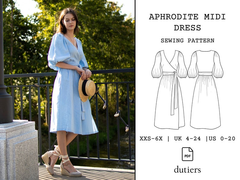 Aphrodite Midi Dress Wrap Dress Digital Sewing Pattern US Size 0-20 Puff Sleeve Instant Download PDF With Instructions image 2