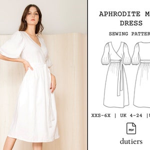 Aphrodite Midi Dress Wrap Dress Digital Sewing Pattern US Size 0-20 Puff Sleeve Instant Download PDF With Instructions image 2