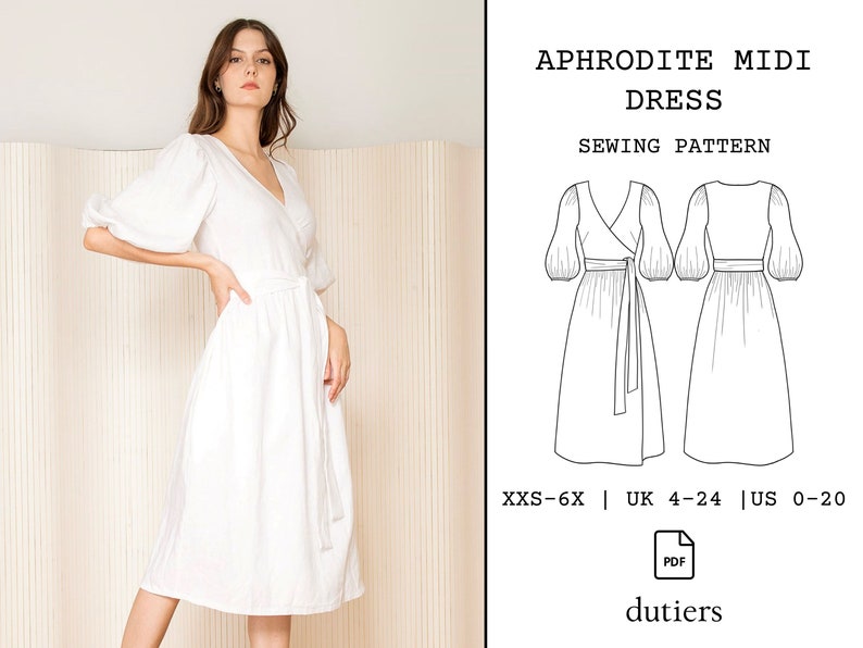 Aphrodite Midi Dress Wrap Dress Digital Sewing Pattern US Size 0-20 Puff Sleeve Instant Download PDF With Instructions image 2