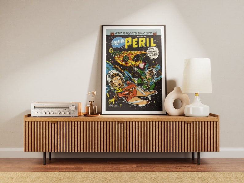 1950s Retro Comic Wall Art, Printable Vintage Scifi Illustration