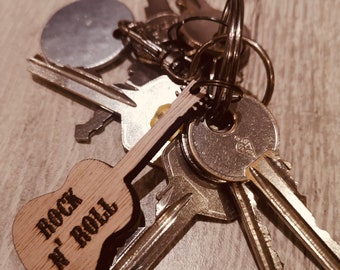 Personalised Wooden Keyrings - Guitar, Rock and roll