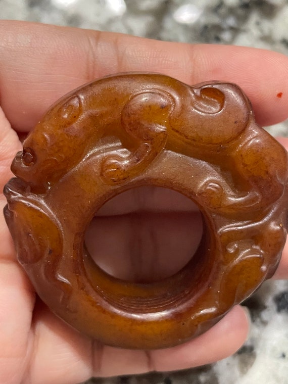 Old Jade Hetian Carved Statue Dragon Chunky Ring P