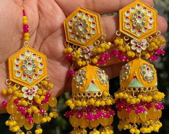 Details about   Indian Bollywood Fashion Designer Jhumka Jhumki Tikka Earring Set. 
