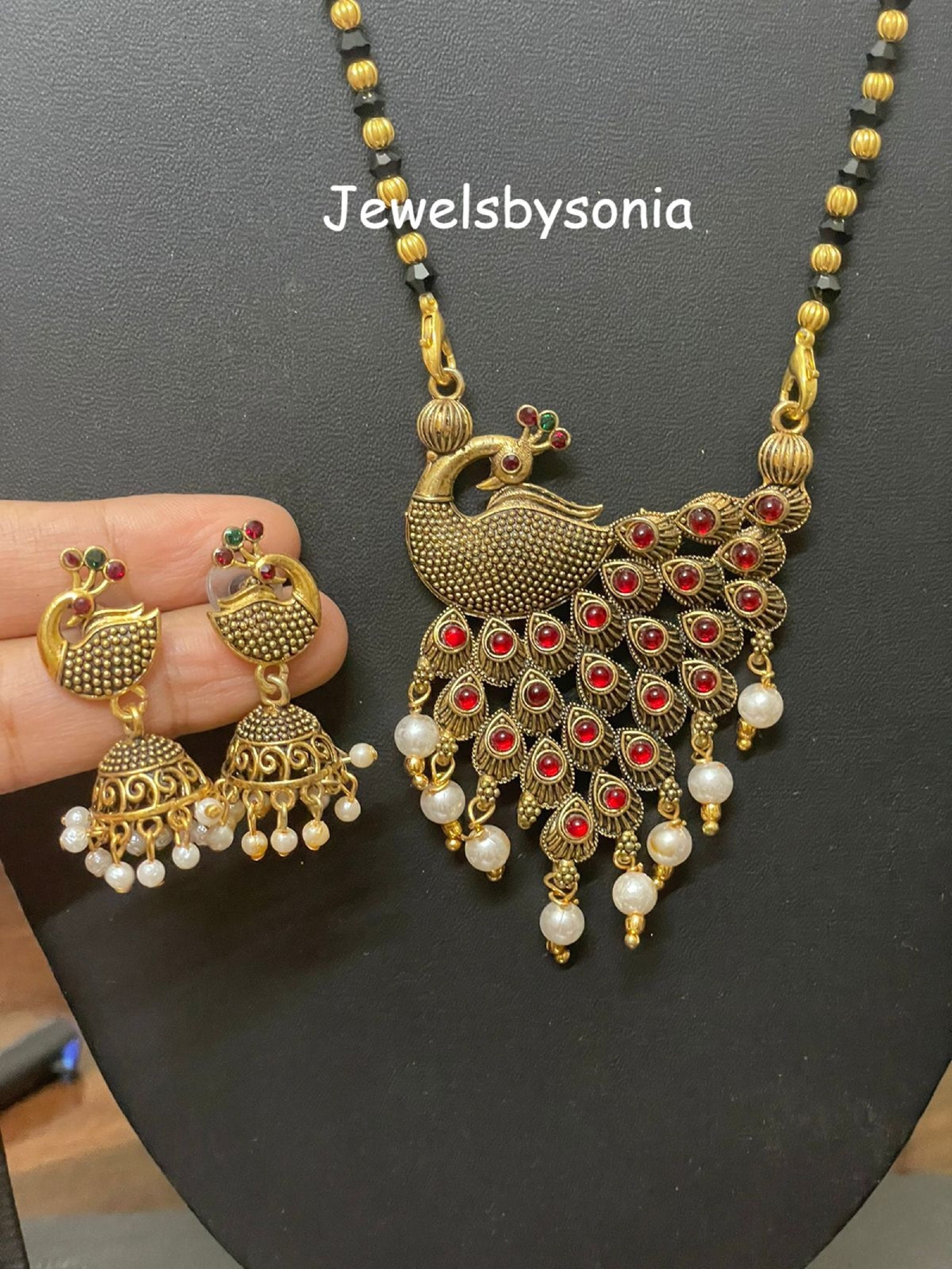Indian Bridal Wedding Wear Long Mangalsutra With Earrings Gold Plated Black Beads Artificial Stone Mangalsutra Nallapusalu Tanmaniya