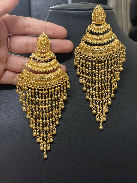 Large Gold Statement Earrings Gold Bohemian Earrings Unique Boho Earrings Indian Ethnic Tribal Earrings Long Gold Earrings Bridal Earrings