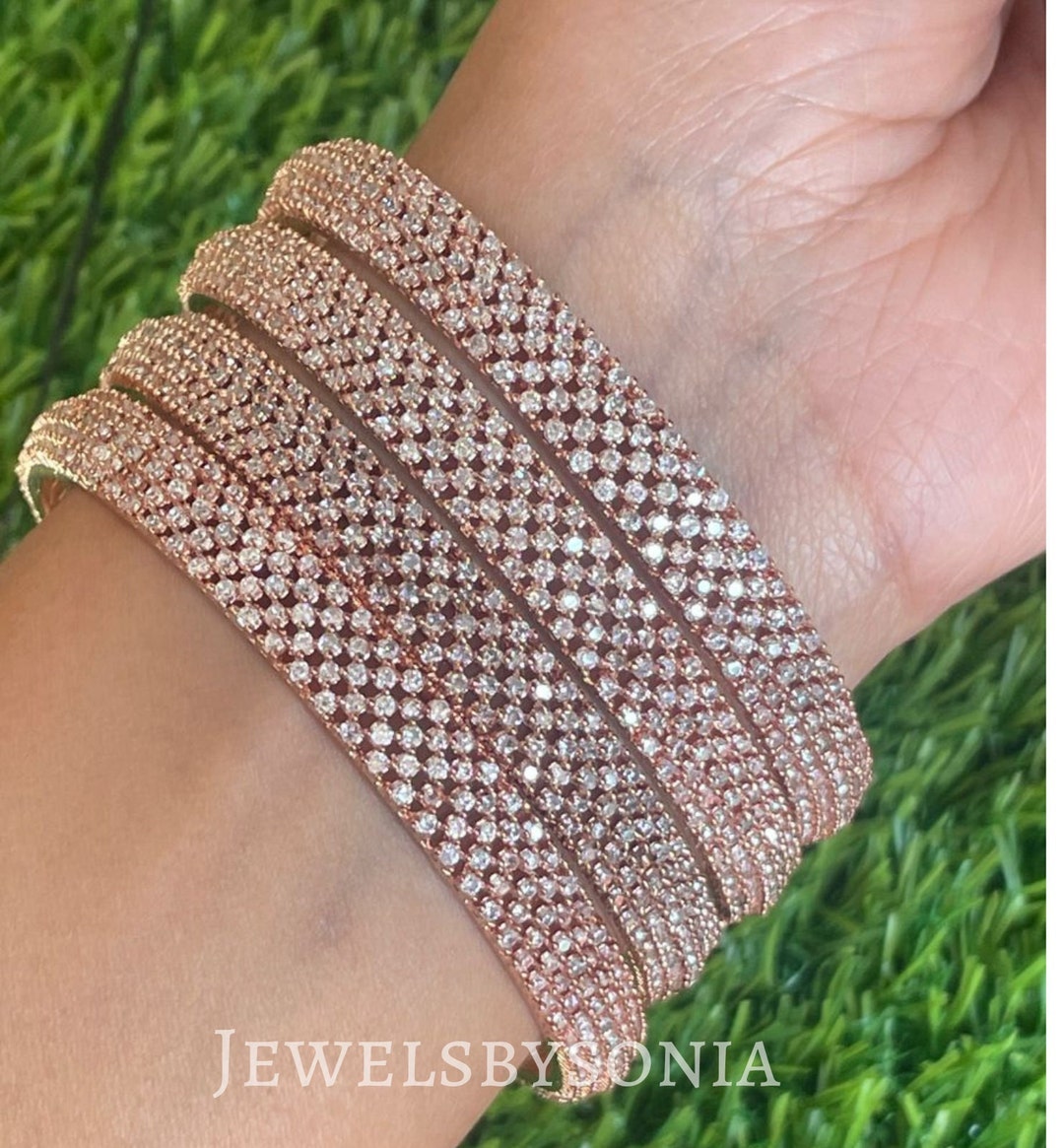 Rose Gold Bracelets 4 PC Set / Silver/rose Gold Finish American Diamond