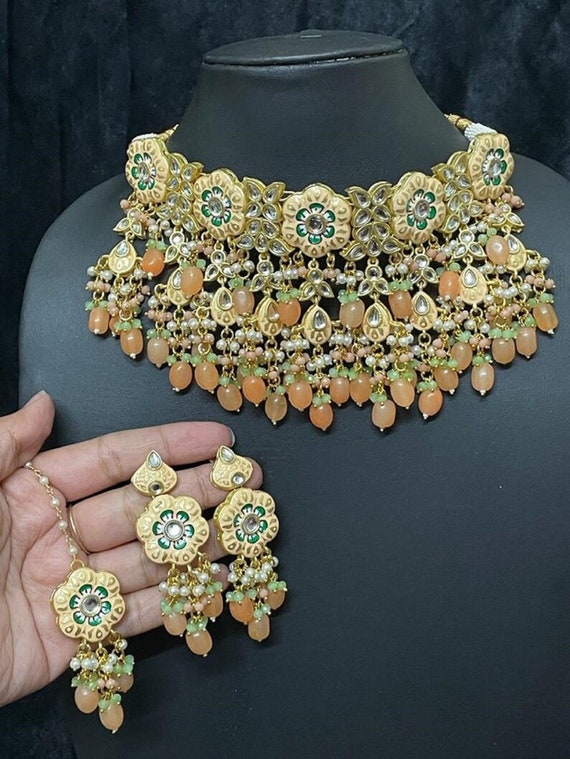 Peach kundan shop jewellery