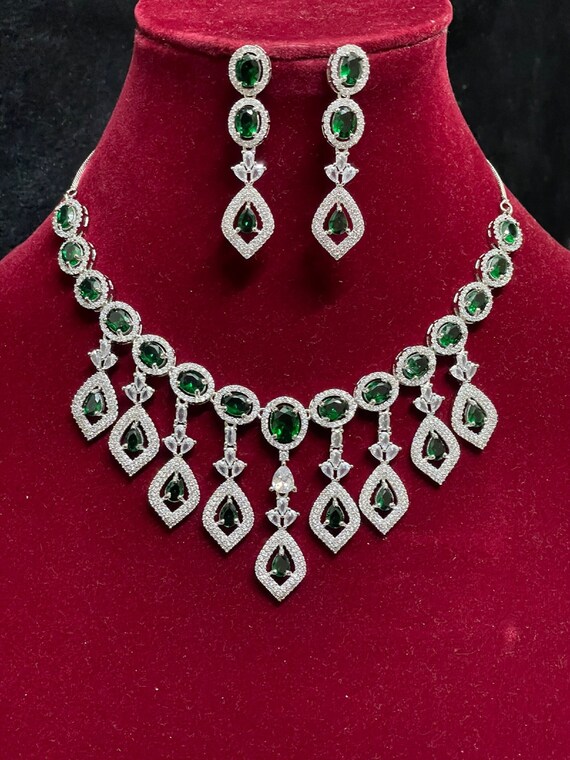 Silver American Diamond Necklace diamond cz Stones Necklace Set