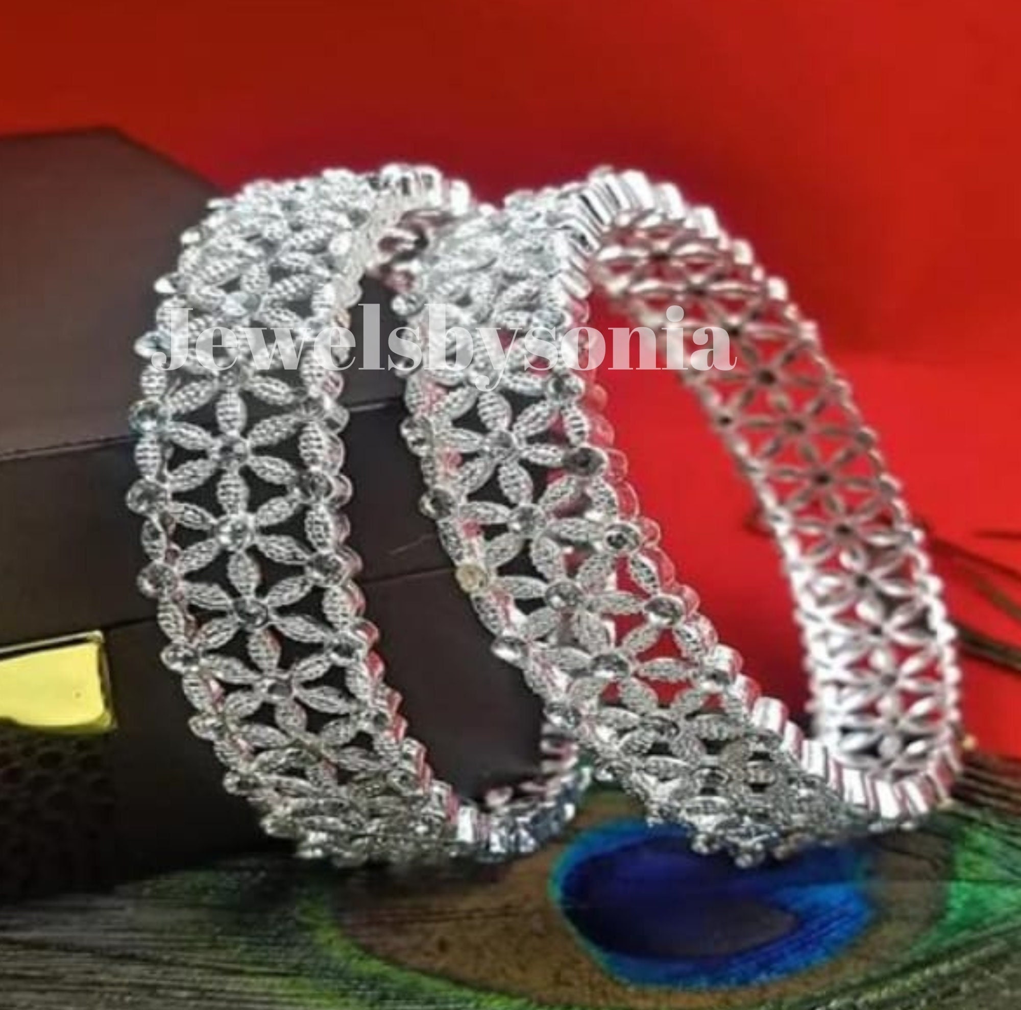Emerald Silver Finish CZ Bangles Pair bracelet indian Party Wear