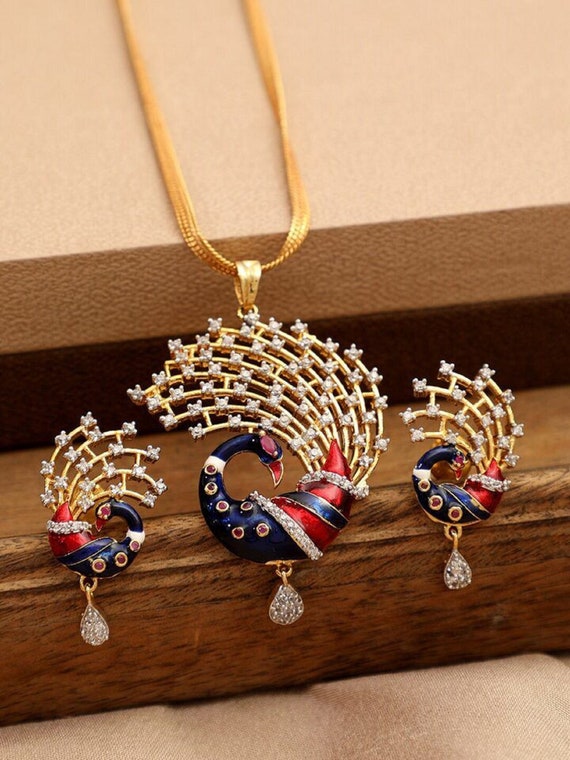 Gold Plated American Diamond Dancing Peacock Pendant Necklace