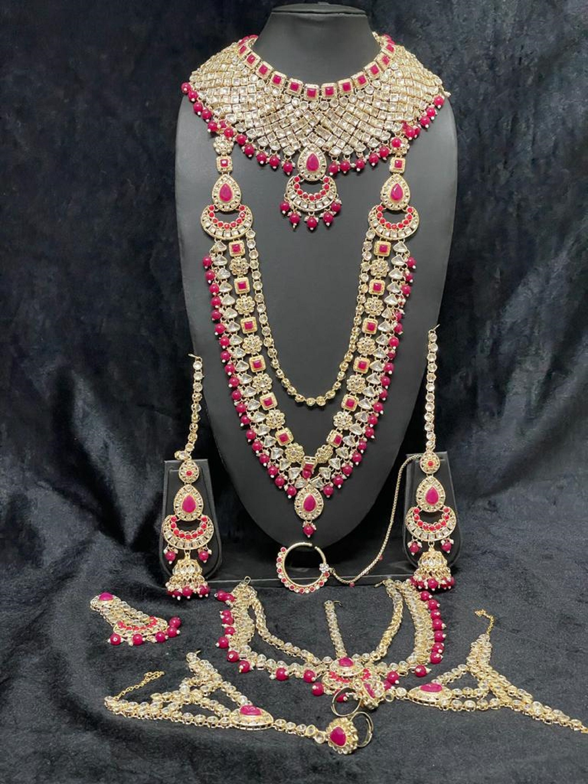 Indian Bridal Jewelry Set full Bridal Set pink Kundan Necklace Set