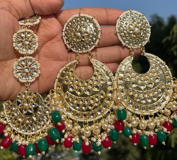 Kundan Tikka and Earrings Set /pearl Mang Tikka Set/ Pearl 