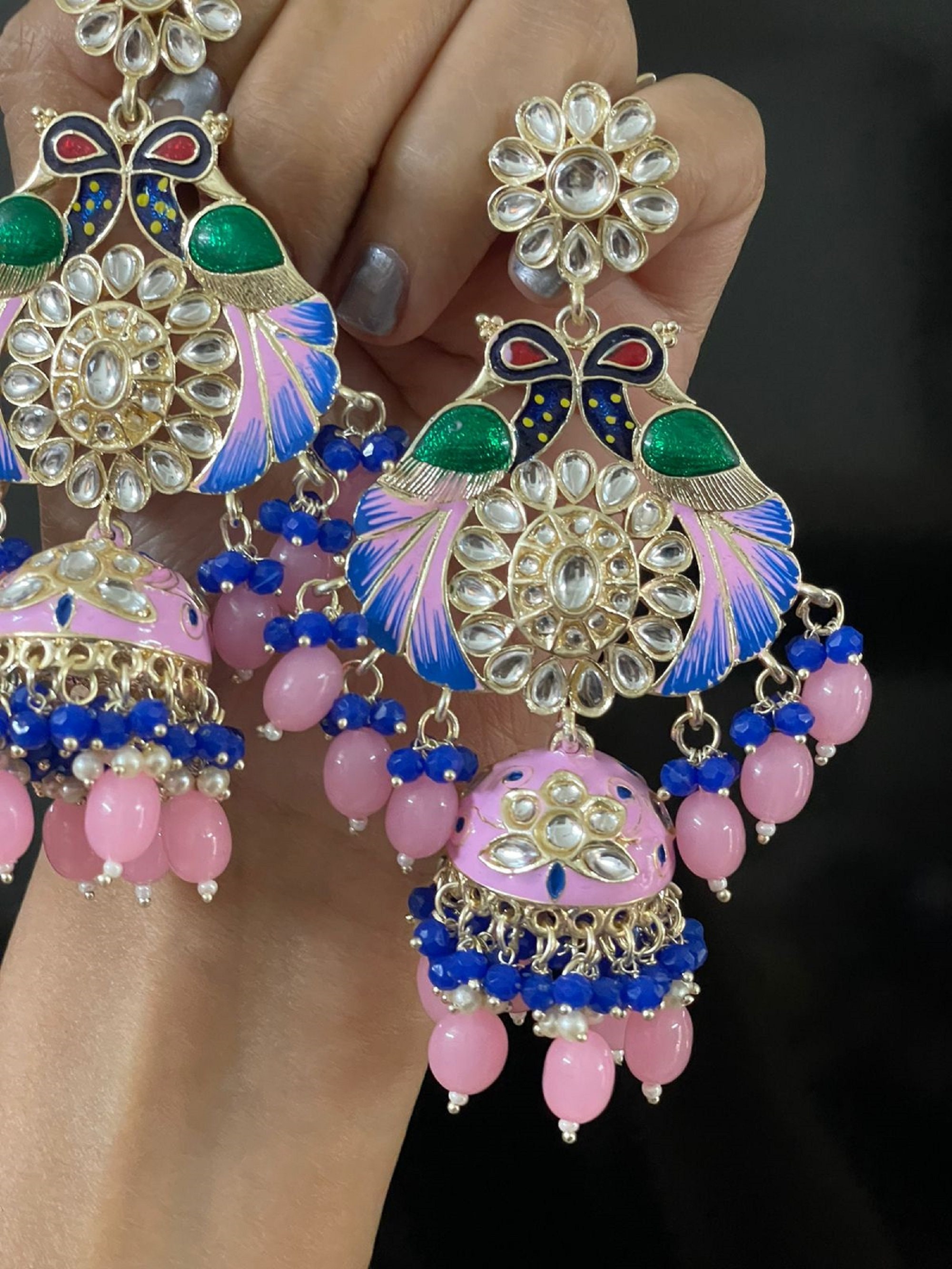 Buy Silver Meenakari Earrings - Royal Blue Long Danglers Online