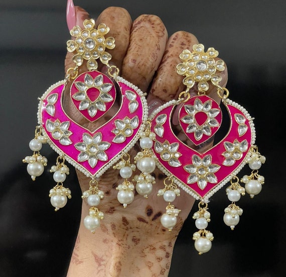 Pleasing Pink - Kundan Studded Colored Beaded Jhumka Earrings