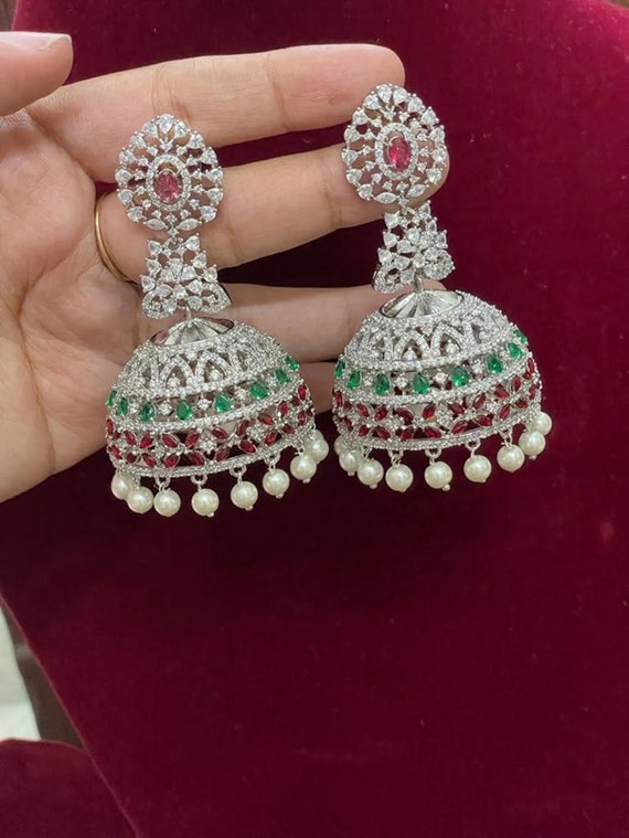 Large silver Jhumki Tikka set with American Diamond Indian Jhumka Jhum –  Indian Designs