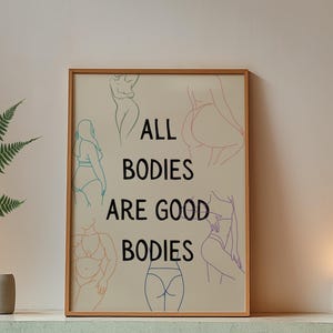 Impresión artística de positividad corporal: "Todos los cuerpos son buenos cuerpos", descarga digital, póster moderno, colorido, abstracto, con contorno corporal femenino