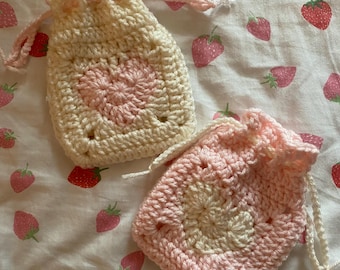 Crochet Heart Pouch: Granny Square Drawstring Bag, Cottagecore Accessory