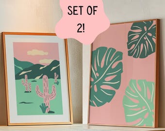 Cactus & Tropical Leaves Print Set | Pink and Green Decor (Digital Download)