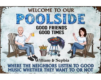 Personalized Poolside Grilling Metal Sign - Custom Couple & Music Decor