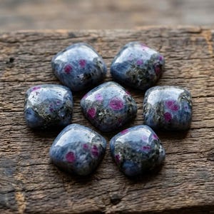 May include: Seven polished gemstones with a mix of blue-grey and dark green hues, each featuring vibrant pink inclusions. The stones are arranged in a circular pattern on a weathered, brown wooden surface.