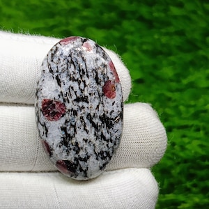 Peut inclure: Pierre précieuse ovale avec une base blanche, des veines noires et des inclusions rouges. La pierre polie est tenue dans une main gantée de blanc, avec un fond vert. Cette pierre précieuse pourrait être utilisée pour la fabrication de bijoux.