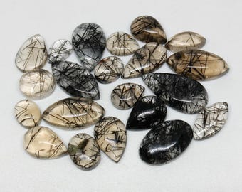 Black Rutilated Quartz Cabochons, Natural Rutile Gemstone, Jewelry Making, 82 Cts, 21 Pieces
