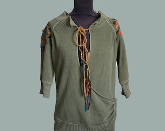 Vintage Miss Sixty Y2K Top: Olive Green Boho Embroidered Blouse (Size M)