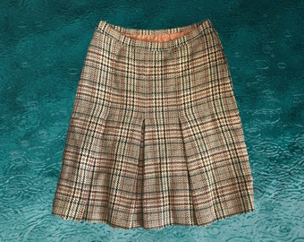 Falda midi vintage de lana escocesa de los años 60: tweed plisado de cintura alta, talla L
