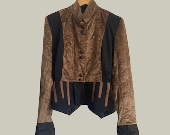 Vintage Brown Velvet Blazer: Geometric Cropped Bolero Jacket, Size S