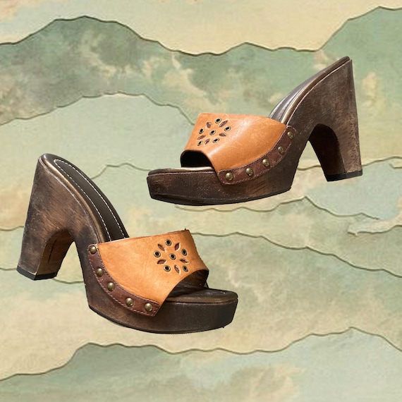 Y2k Leather Platform Clogs: Vintage Wooden Heel Mules, Size 36 - Etsy