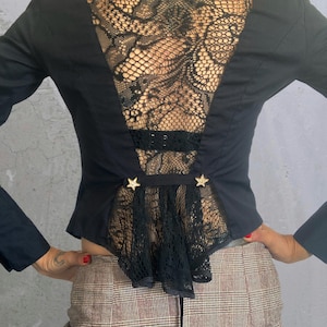 Vintage Y2K RoccoBarocco Black Lace Blouse: Open Back Fishtail Top