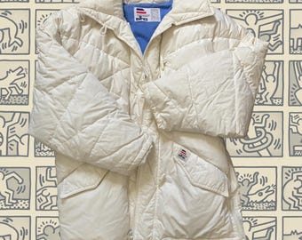 Chaqueta acolchada vintage de plumón de ganso blanco de los años 90 - Ropa de esquí de invierno (talla M)