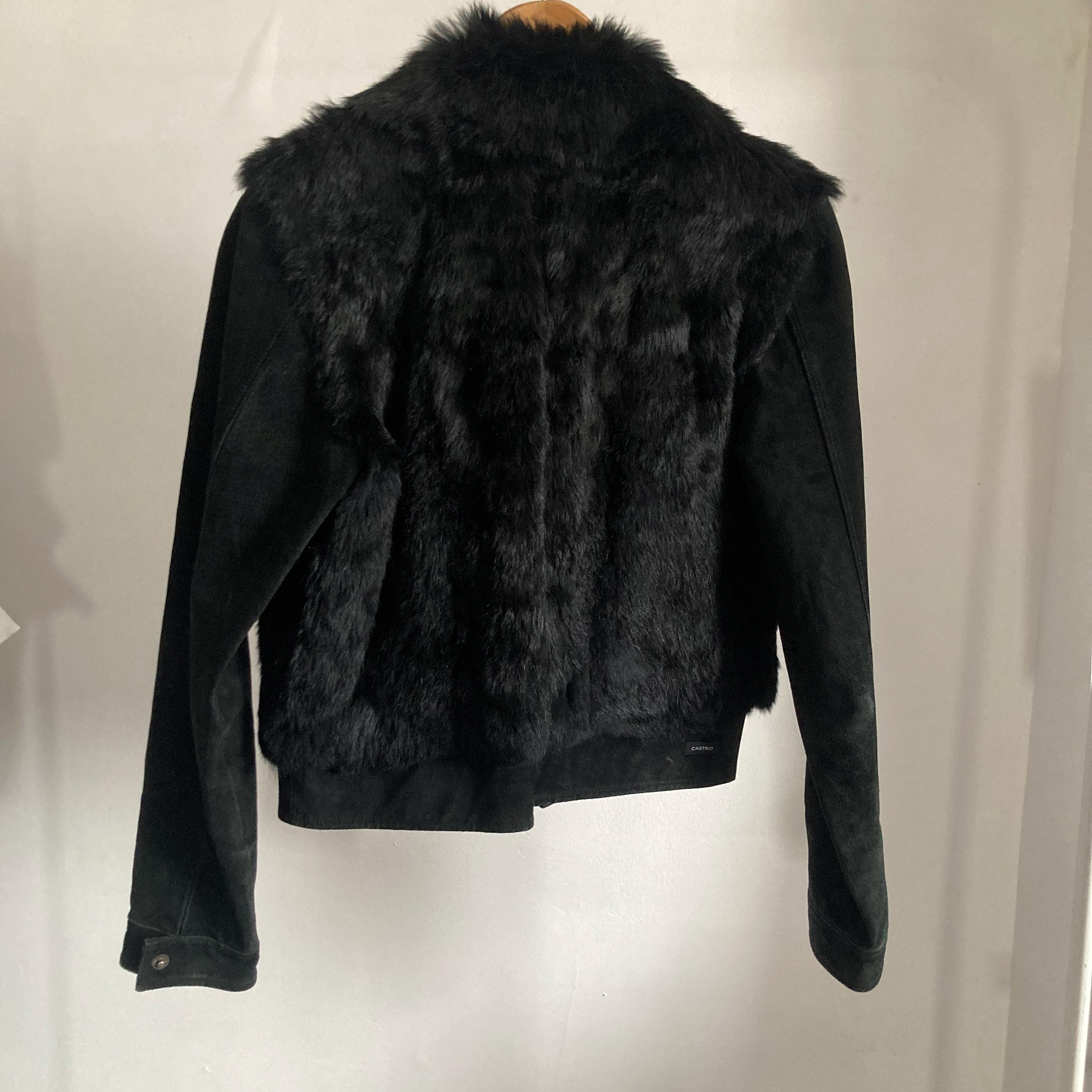 Vintage Y2K Black Fur Cropped Jacket, Suede and Rabbit Fur