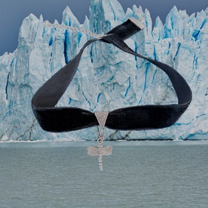 May include: A black velvet choker necklace with a silver dragonfly pendant. The necklace has a silver chain and clasp. The background features a glacier and water.