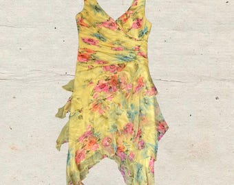 Vintage Silk Chiffon Midi Dress | Yellow Floral, Tiered, Pleated (L)