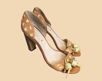 Vintage Celine Leather Heels: Tan Boho Sandals, Size 39.5
