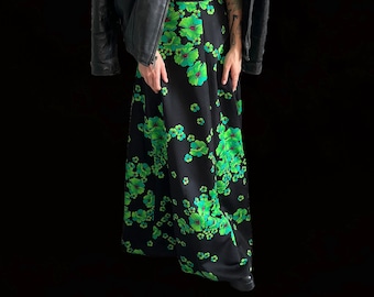 Saia Maxi Vintage Couture: Estampa de Hibisco Verde Neon, saia maxi marcante, Tamanho 14 UK